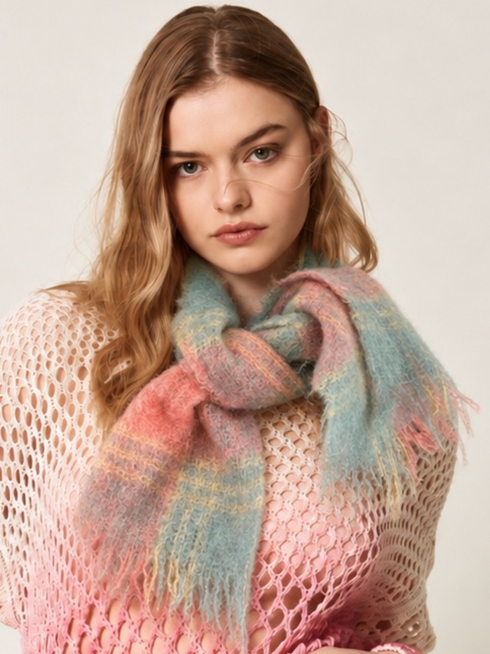 VTG Scottish 100% Mohair Petite Plaid Scarf Pastel Pink Blue Made in Scotland